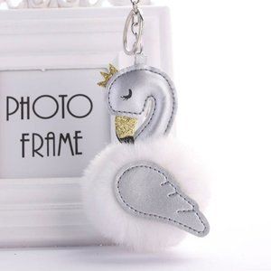 Swan glitter faux fur pom bag charm/key chain ring